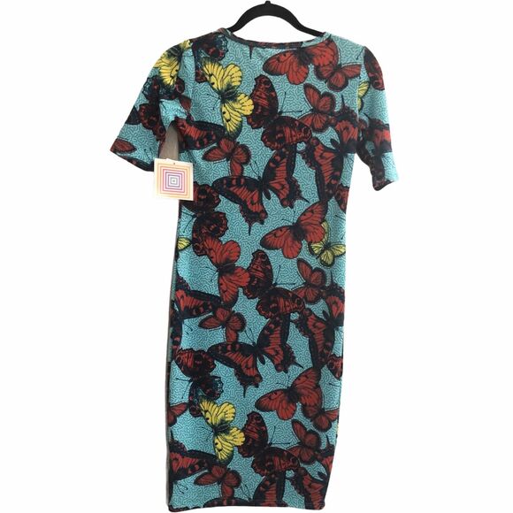 LuLaRoe Womens XXS Julia Dress Butterfly Turquoise Orange Bodycon Unicorn #3543 - Picture 3 of 6
